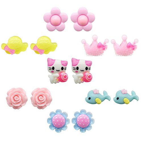 Product Cover Elesa Miracle 7pc Kids Toddler Little Girl Clip-on Earrings Value Party Favor Birthday Gift Pretend Play Princess Jewelry Box, Set 01