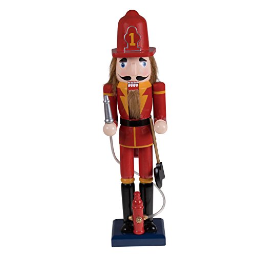 Product Cover Clever Creations Fireman Nutcracker Festive Christmas Decor | Red and Yellow Painted Uniform | 100% Real Wood Collectible Nutcracker | Equipped with Hydrant with Plastic Hose | 15