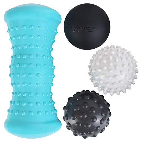 Product Cover Vive Massage Ball Set (4 Piece) - Foot Pain Hot Cold Therapy Kit - Plantar Fasciitis, Heel Spur, Sore Muscles, Trigger Point - Back, Arm, Neck, Shoulder, Leg Circulation Roller - PT Spike Massager