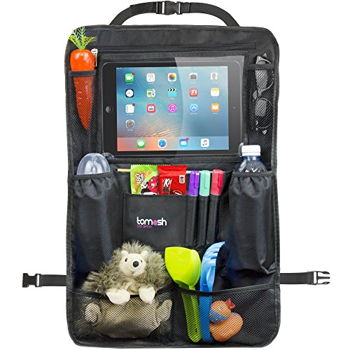 Product Cover Backseat Organizer with Tablet Holder - Adjustable Straps for Universal Fit - Insulated Drink Pouches, Storage Pockets for Books, Snacks, Wipes - Car Organizer for Kids & Toddlers by Tomash, 24x16.5