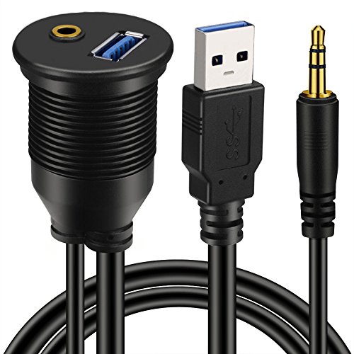 Product Cover BATIGE USB 3.0 & 3.5mm Car Mount Flush Cable 3.5mm + USB3.0 AUX Extension Dash Panel Waterproof Mount Cable for Car Boat and Motorcycle - 3ft