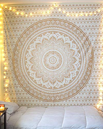 Product Cover Tapestry Wall Hanging Golden Ombre Tapestry Gold Tapestry Ombre Bedding Mandala Tapestry Gold Multi Color Indian Mandala Wall Art Hippie Wall Tapestry Hanging (Gold, 85x55 Inch)