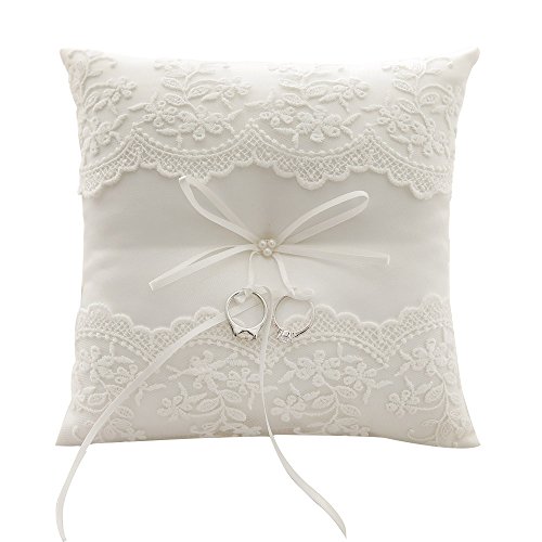 Product Cover Awtlife Lace Pearl Wedding Ring Pillow Ivory Cushion Bearer 8.26 Inch For Beach wedding