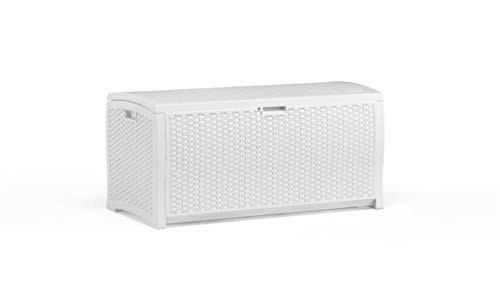 Product Cover Suncast 99 Gallon Resin Wicker Patio Storage Box - Water Resistant Outdoor Storage Container for Toys, Furniture, Yard Tools - Store Items on Deck, Porch, Backyard - White