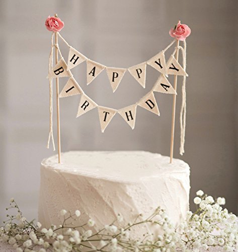 Product Cover Soccerene Happy Birthday Cake Bunting Topper Cake Topper Garland, Handmade Pennant Flags with Wood Pole Ivory Pink Roses