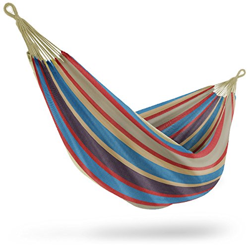 Product Cover Sorbus Brazilian Double Hammock - Extra-Long Two Person Portable Hammock Bed for Indoor or Outdoor Spaces - Hanging Rope, Carrying Pouch Included (Blue/Sand/Purple/Red Stripes)