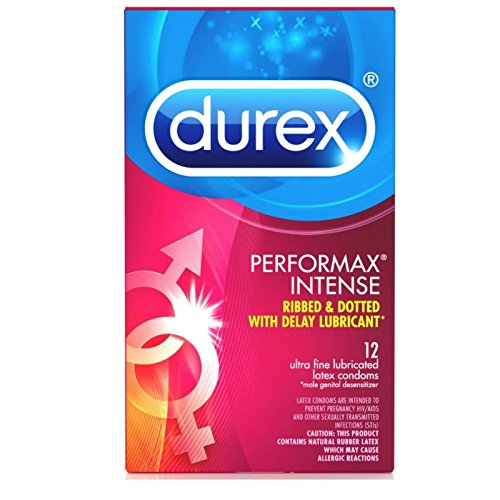 Product Cover Condoms, Ultra Fine, Ribbed, Dotted with DelayLubricant, Durex Performax Intense Natural Latex Condoms, 12 Count, Made with Male desensitizing lube for Men HSA Eligible (Pack of 2)