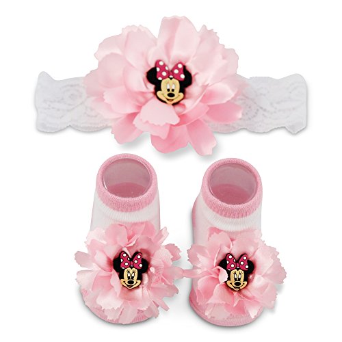 Product Cover Disney Baby Girls' Minnie Mouse Polka Dot Headwrap and Booties Gift Set, Pink Flowers, 0-12 Months