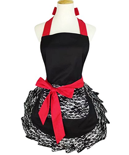 Product Cover Black Lace Flirty Apron with Pocket, Floosum Fun Retro Sexy Cooking Pinup Aprons for Women Girls