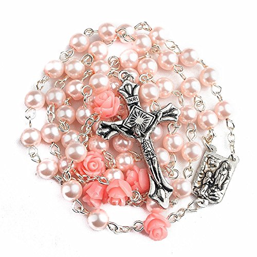 Product Cover Nazareth Store Catholic Pink Pearl Beads Rosary Necklace 6pcs Our Rose Flowers, Lourdes Medal & Cross NS