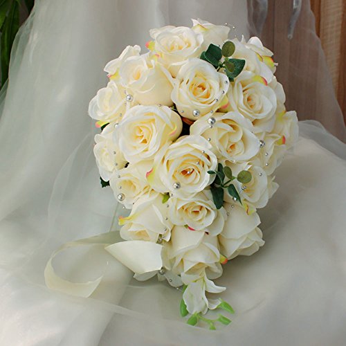 Product Cover JASMINELOVER Artificial Rose Cascading Bridal Bouquet -26 Heads Flower for Wedding Bouquet, Flowers Bunch Hotel Party Garden Floral Decor (Milk White)