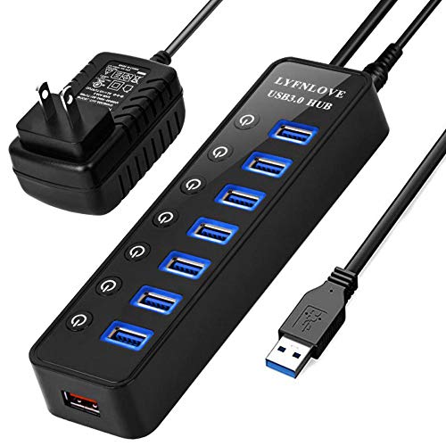 Product Cover LYFNLOVE USB Hub 3.0 Splitter,7 Port USB Data Hub with Power Adapter and One Charging Port,Individual On/Off Switches and Lights for Laptop, PC, Computer, Mobile HDD, Flash Drive and More