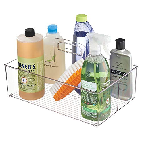 Product Cover mDesign Plastic Portable Storage Organizer Caddy Tote, Divided Bin, Handle for Bathroom, Kitchen Laundry/Utility Closet - Holds Cleaning Supplies, Window Cleaner, Dust Cloths - Large - Clear