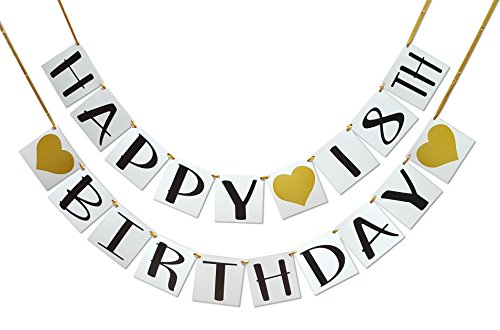 Product Cover Happy 18th Birthday Banner - Gold Hearts and Ribbon - Birthday Decorations