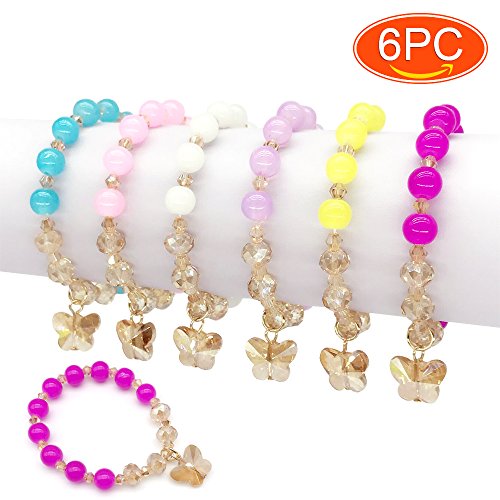 Product Cover Elesa Miracle 6pc Little Teens Butterfly Pendant Beaded Value Set Kids Girl Party Favor Pretend Play Bracelet, Blue,Pink,Red,Yellow,Purple