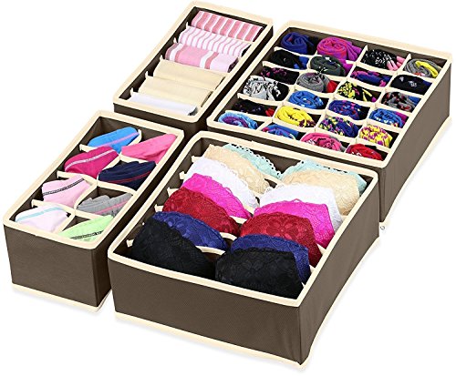 Product Cover House of Quirk Set of 4 Foldable Storage Box Drawer Divider Organizer Closet Storage for Socks Bra Tie Scarfs - Brown