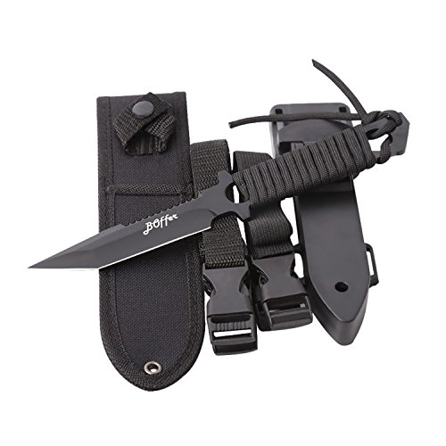 Product Cover BOffer Scuba Diving Knife - Black Tactical Sharp Blade knives - Divers dive tool with 2 Types Sheaths,Sawing Edge and 2 Pairs Leg Straps - Best for Snorkeling,Hunting,Survival Rescue and Water Sports.