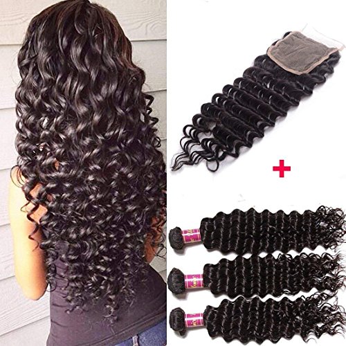Product Cover UNice Hair Icenu Series 8A Brazilian Deep Wave Virgin Hair 3 Bundles with 4x4 Lace Closure 100% Unprocessed Human Hair Extensions Weave Natural Color (18 20 22+16 closure)