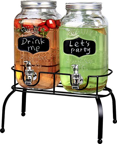 Product Cover Estilo EST3095 Embo Glass Mason Jar Double Drink Dispenser with Leak Free Spigot On Metal Stand With Embossed Chalkboard and Chalk, Clear, 1 Gallon,