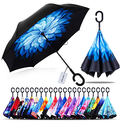 Product Cover Owen Kyne Windproof Double Layer Folding Inverted Umbrella, Self Stand Upside-Down Rain Protection Car Reverse Umbrellas with C-Shaped Handle (Blue Flower)