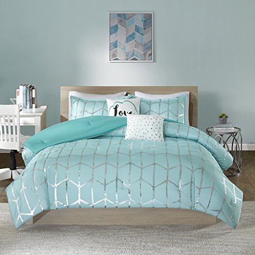 Product Cover Intelligent Design Raina Comforter Set Twin/Twin XL Size - Aqua Silver, Geometric - 4 Piece Bed Sets - Ultra Soft Microfiber Teen Bedding for Girls Bedroom