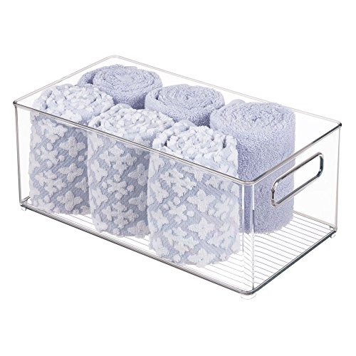 Product Cover mDesign Deep Plastic Storage Bin Tote with Handles for Organizing Cosmetics, Makeup Palettes, Body Wash, First Aid, Vitamins, Supplements, Hair Styling Accessories - Clear