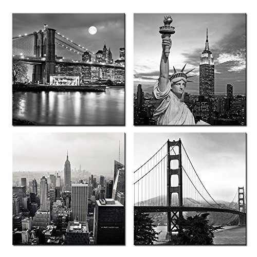 Product Cover Live Art Decor - Modern Black and White New York Wall Art Brooklyn Bridge Empire State Building Golden Gate Bridge Statue Of Liberty Picture on Canvas Print Painting Wall Decoration Framed
