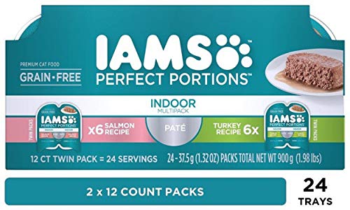 Product Cover IAMS Perfect Portions Indoor Grain Free Wet Cat Food, Pate (24 Twin Packs), Variety: Salmon & Turkey