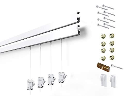 Product Cover 8 Hanging Components STAS Cliprail Pro Picture Hanging System Kit- Heavy Duty Track and Art Hanging Gallery Kit for Home, Office or Public Space (4 Rails 8 Hooks and Cords, White Rails)