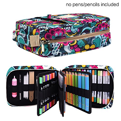 Product Cover Pencil Case Holder Slot - Holds 202 Colored Pencils or 136 Gel Pens with Zipper Closure - Large Capacity Pen Organizer for Watercolor Pens or Markers - Perfect Gift for Beginner and Artist Blossom