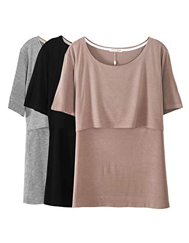Product Cover Smallshow 3 Pcs Maternity Nursing T-shirt Modal Short Sleeve Nursing Tops Brown/Black/Grey,Medium