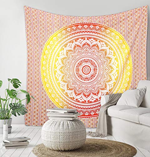 Product Cover Madhu International Mandala Tapestry, Hippie Tapestries, Tapestries, Wall Tapestries, Ombre Mandala Tapestries, Boho Tapestries, Tapestry, Beach Sheet (Yellow Red, Queen(84x90Inches)(215x230cms))