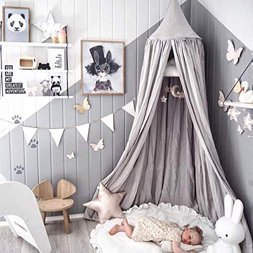 Product Cover Dix-Rainbow Princess Bed Canopy for Kids Baby Bed, Round Dome Kids Indoor Outdoor Castle Play Tent Hanging House Decoration Reading Nook Cotton Canvas Prince Grey