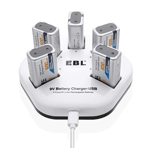 Product Cover EBL 9V Rechargeable Batteries Lithium ion 9V 600mAh Batteries 600mAh (5 Packs) with 5 Bay 9V Battery Charger 2A Input for Smoke Alarm Detectors