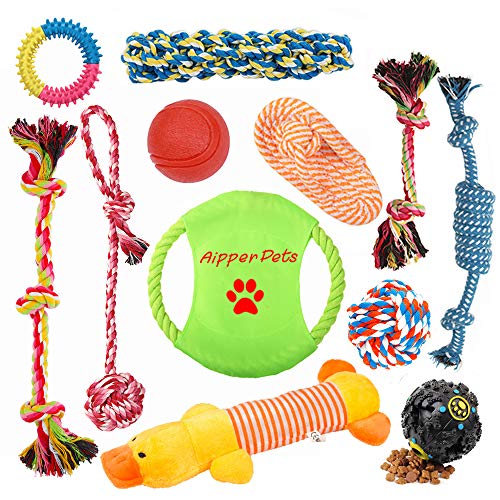 Product Cover Aipper Dog Puppy Toys 12 Pack, Puppy Chew Toys for Playtime and Teeth Cleaning, IQ Treat Ball Squeak Toys and Dog Flying Disc Included, Puppy Teething Toys for Medium to Small Dogs, (Assorted Colors)