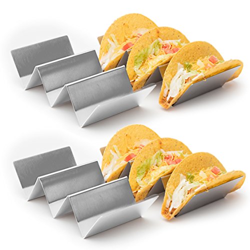 Product Cover 4 Pack - Stylish Stainless Steel Taco Holder Stand, Taco Truck Tray Style, Rack Holds Up to 3 Tacos Each, Oven Safe for Baking, Dishwasher and Grill Safe, 4