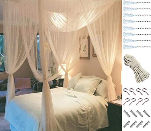 Product Cover Mosquito NET for Bed Canopy, Four Corner Post Curtains Bed Canopy Elegant Mosquito Net Set, Stick Hook &Profession Rope for net, Screen Netting Canopy Curtains, Full/Queen/King/White