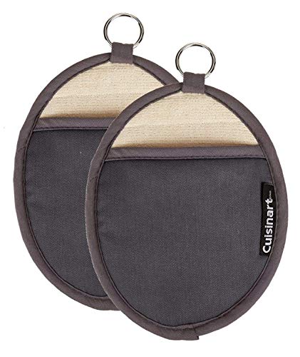 Product Cover Cuisinart Silicone Oval Pot Holders and Oven Mitts - Heat Resistant, Handle Hot Oven / Cooking Items Safely - Soft Insulated Pockets, Non-Slip Grip and Convenient Hanging Loop- Grey, Pack of 2 Mitts