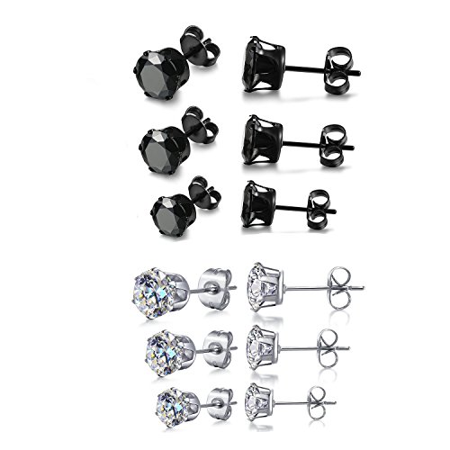 Product Cover 6 Pair Stainless Steel Mens Womens Stud Earrings Set Black and Clear Round Cubic Zirconia Inlaid Pierced Hypoallergenic 3-5mm(12PCS,3 Pairs Black,3 Pairs Clear)
