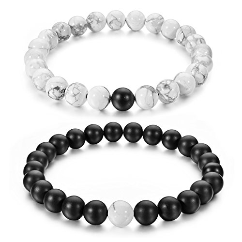 Product Cover Couples His and Hers Bracelet Black Matte Agate & White Howlite 8mm Beads By Long Way 7.1