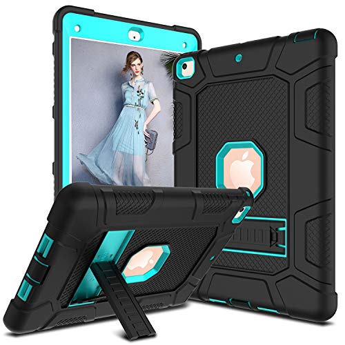 Product Cover DONWELL Compatible iPad 6th 5th Generation Case, iPad 9.7 inch 2018/2017 Shockproof Defender Protective Cover with Kickstand for iPad 5 iPad 6 Model A1823 A1822 A1893 (Type1- Black & Light Blue)