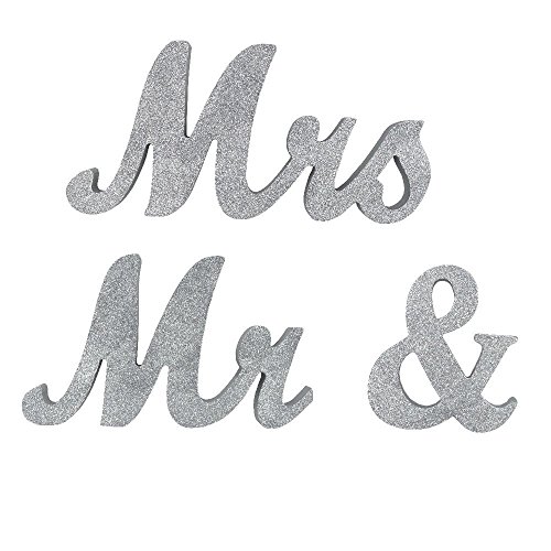 Product Cover DerBlue Vintage Exquisite Silver Glitter Mr & Mrs Signs Elegnat Wooden Freestanding Letters for Wedding Sweetheart Table or Receptions Table Decorations