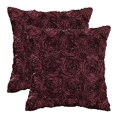 Product Cover CaliTime Pack of 2 Cushion Covers Throw Pillow Cases Shells for Couch Sofa Home Solid Stereo Roses Floral 18 X 18 Inches Burgundy