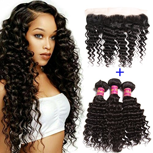 Product Cover Unice Hair Icenu Series 8A Brazilian Deep Wave Virgin Hair 13x4 Lace Frontal with Bundles 100% Unprocessed Human Hair Extensions Natural Color (16 18 20+14, Frontal)