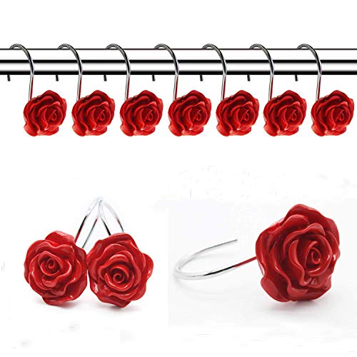 Product Cover FINROS 12 PCS Home Fashion Decorative Anti Rust Shower Curtain Hooks Rose Design Shower Curtain Rings Hooks (RED)