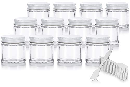 Product Cover Clear Thick Glass Straight Sided Jar with White Metal Airtight Lid - 1 oz / 30 ml (12 pack) + Spatulas