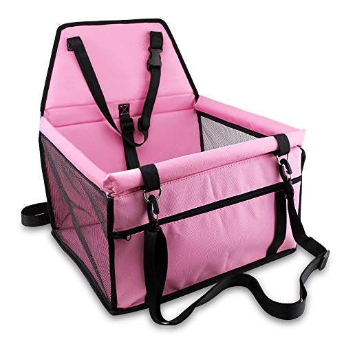 Product Cover Petbobi Pet Reinforce Car Booster Seat for Dog Cat Portable and Breathable Bag with Seat Belt Dog Carrier Safety Stable for Travel Look Out,with Clip on Leash with PVC Tube (Pink)