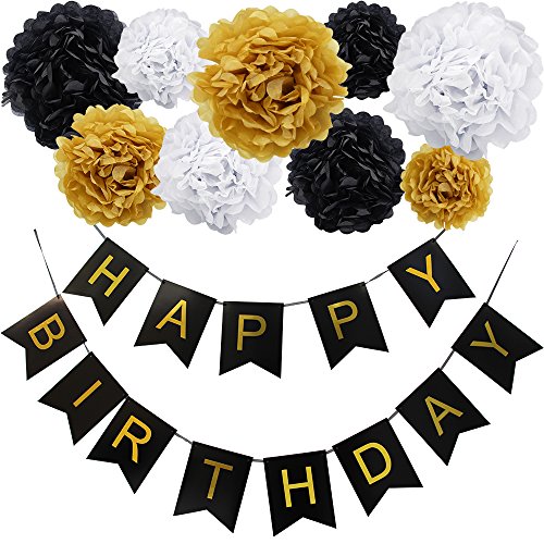 Product Cover KUNGYO Happy Birthday Flag Bunting Banner and Set of 9 Tissue Paper Pom Poms Flowers Garland for Birthday Party Decorations (Black Banner Gold Letter)