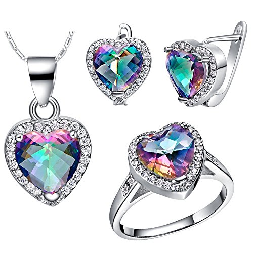 Product Cover Uloveido Big Heart Shape Crystal Drop Pendant Necklace, Earrings and Rings Wedding Jewelry Set for Bridal Women Birthday Anniversary T481
