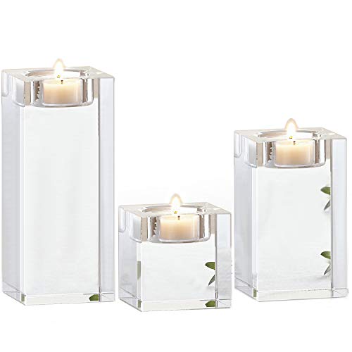 Product Cover Le Sens Amazing Home Candle Holders Set of 3, 2.3/3.9/5.5 inches Height Elegant Heavy Crystal Cuboid Tealight Holder Clear Square Glass Cube Candle Holder for Ceremony Centerpiece and Home Decoration